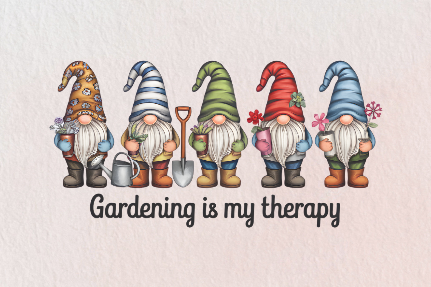 Colorful gnomes with gardening tools and 'Gardening is my therapy' text on a light background