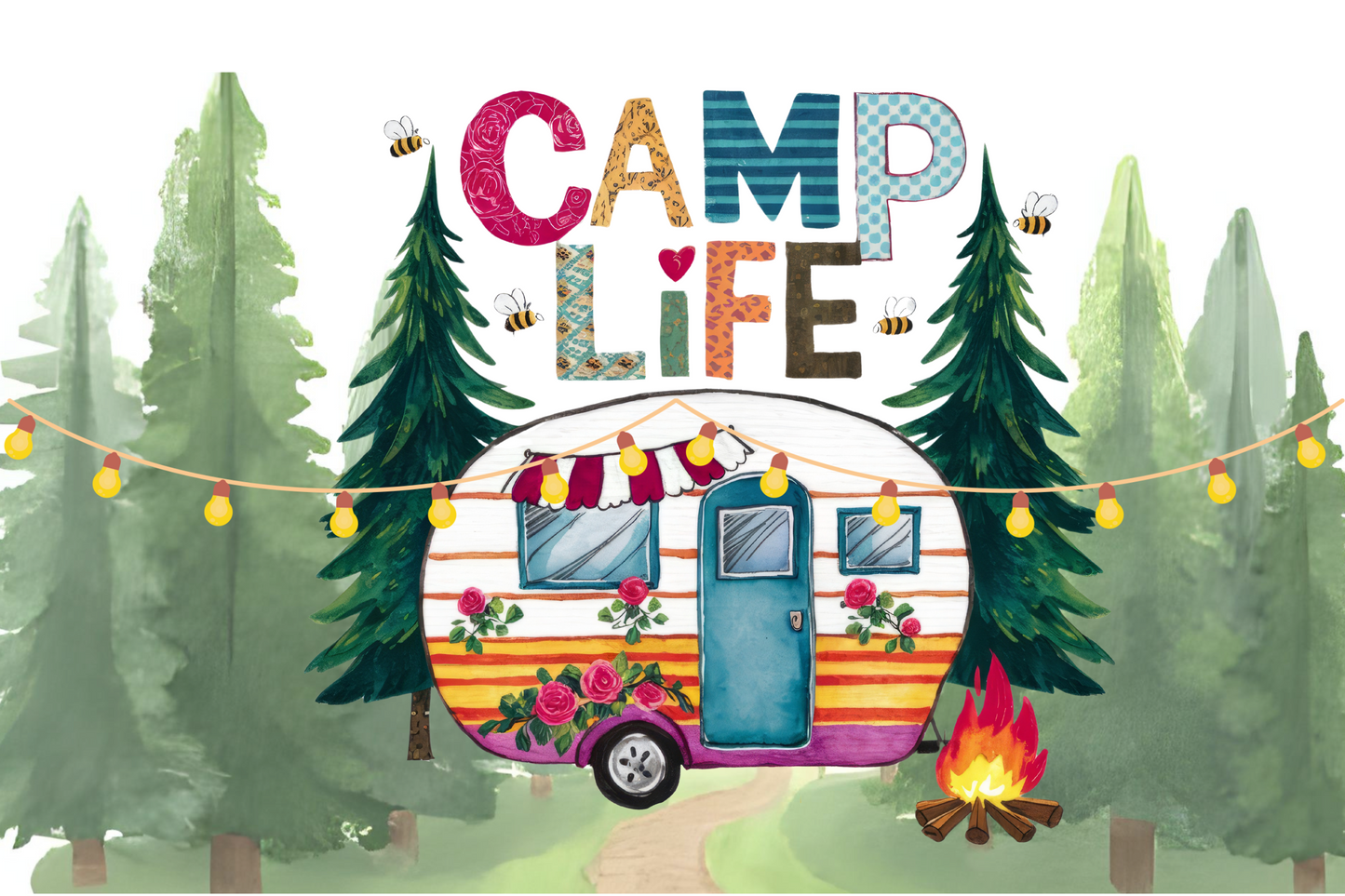 Colorful camper illustration with trees and 'CAMP' text on a green background