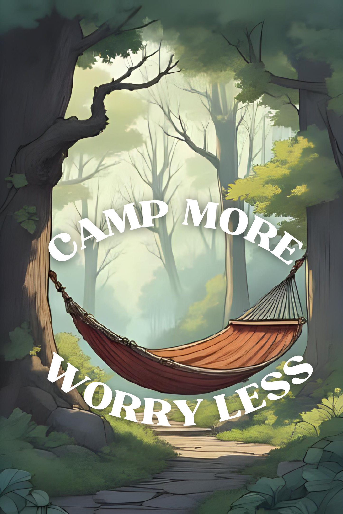 Hammock in a forest with 'Camp More Worry Less' text