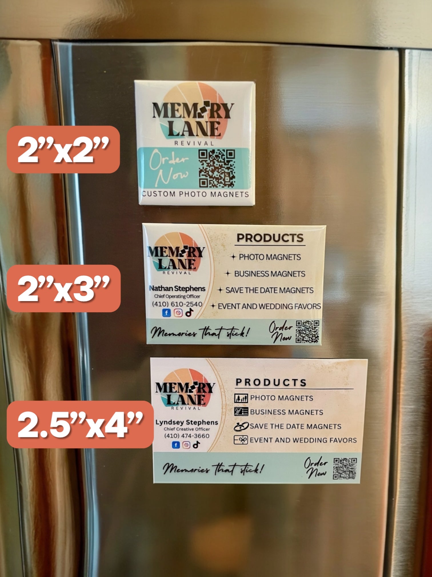 Memory Lane magnets of different sizes on a refrigerator door