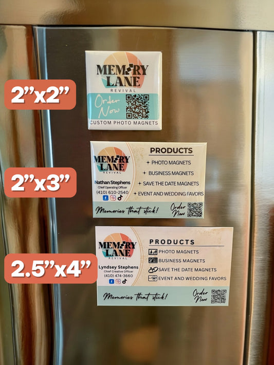 Memory Lane magnets of different sizes on a refrigerator door