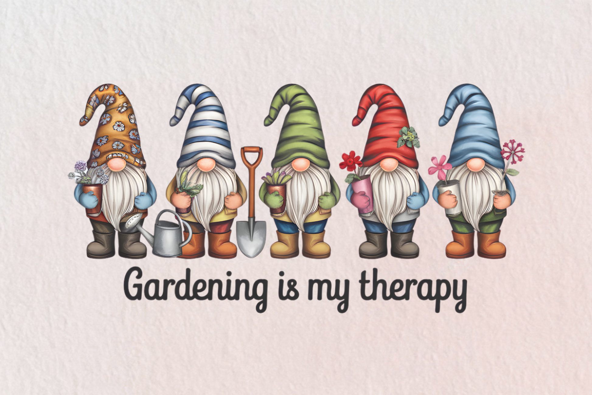 Colorful gnomes with gardening tools and 'Gardening is my therapy' text on a light background