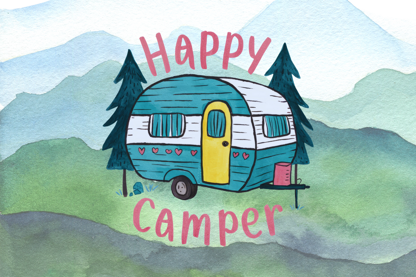 Illustration of a camper van with 'Happy Camper' text on a watercolor background