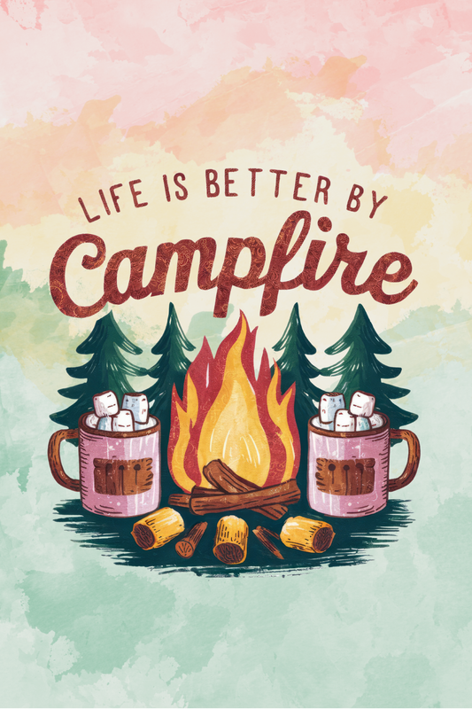 Illustration of a campfire with hot chocolate mugs and marshmallows against a watercolor background with trees and quote 'life is better by campfire'.
