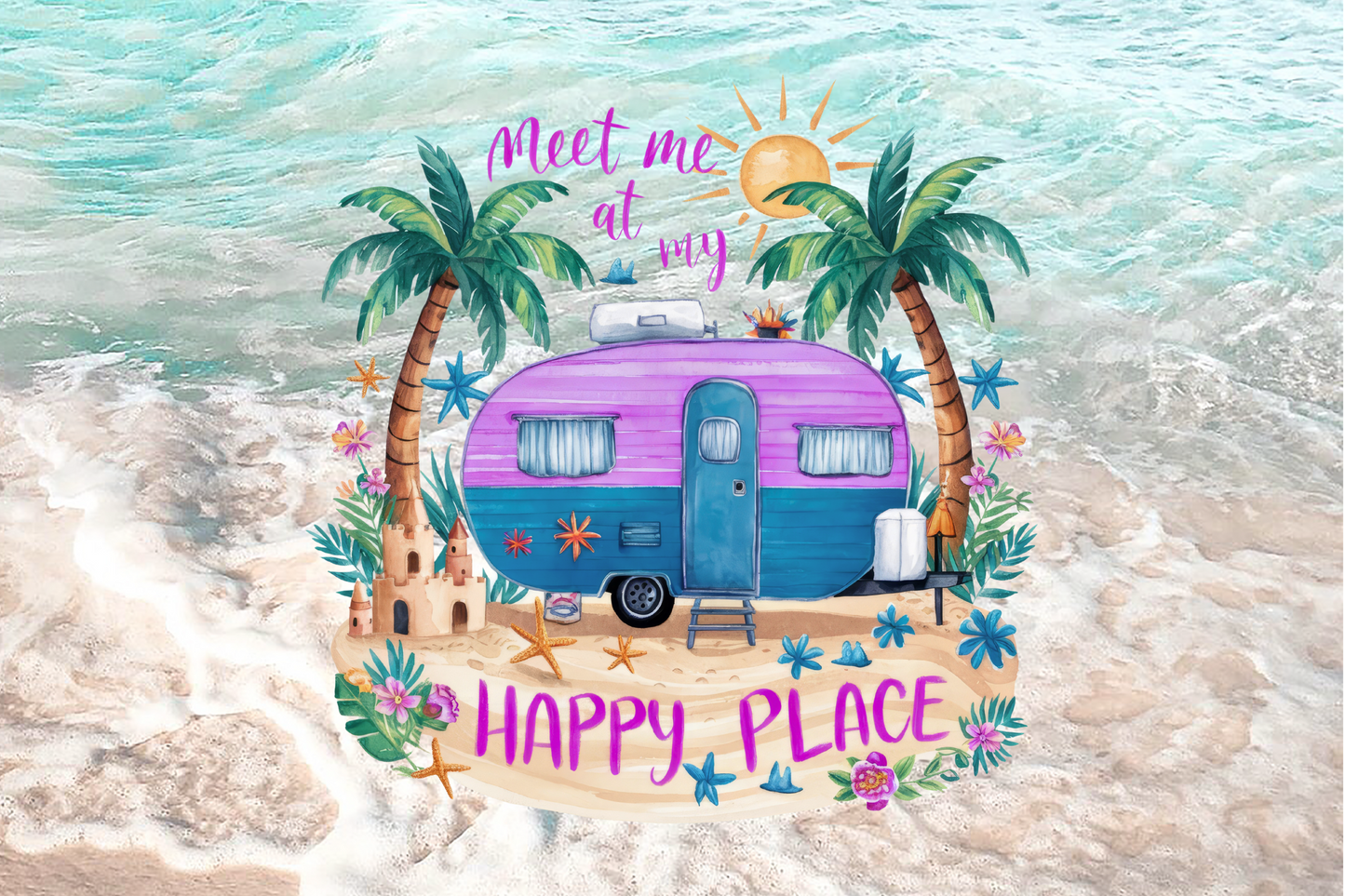 Colorful illustration of a camper van with 'Happy Place' text on a beach background