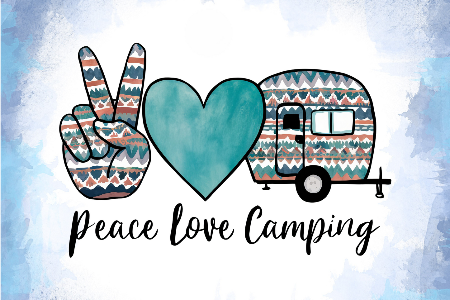 Illustration of a camper van with a heart and peace sign on a watercolor background with 'peace love camping' text.
