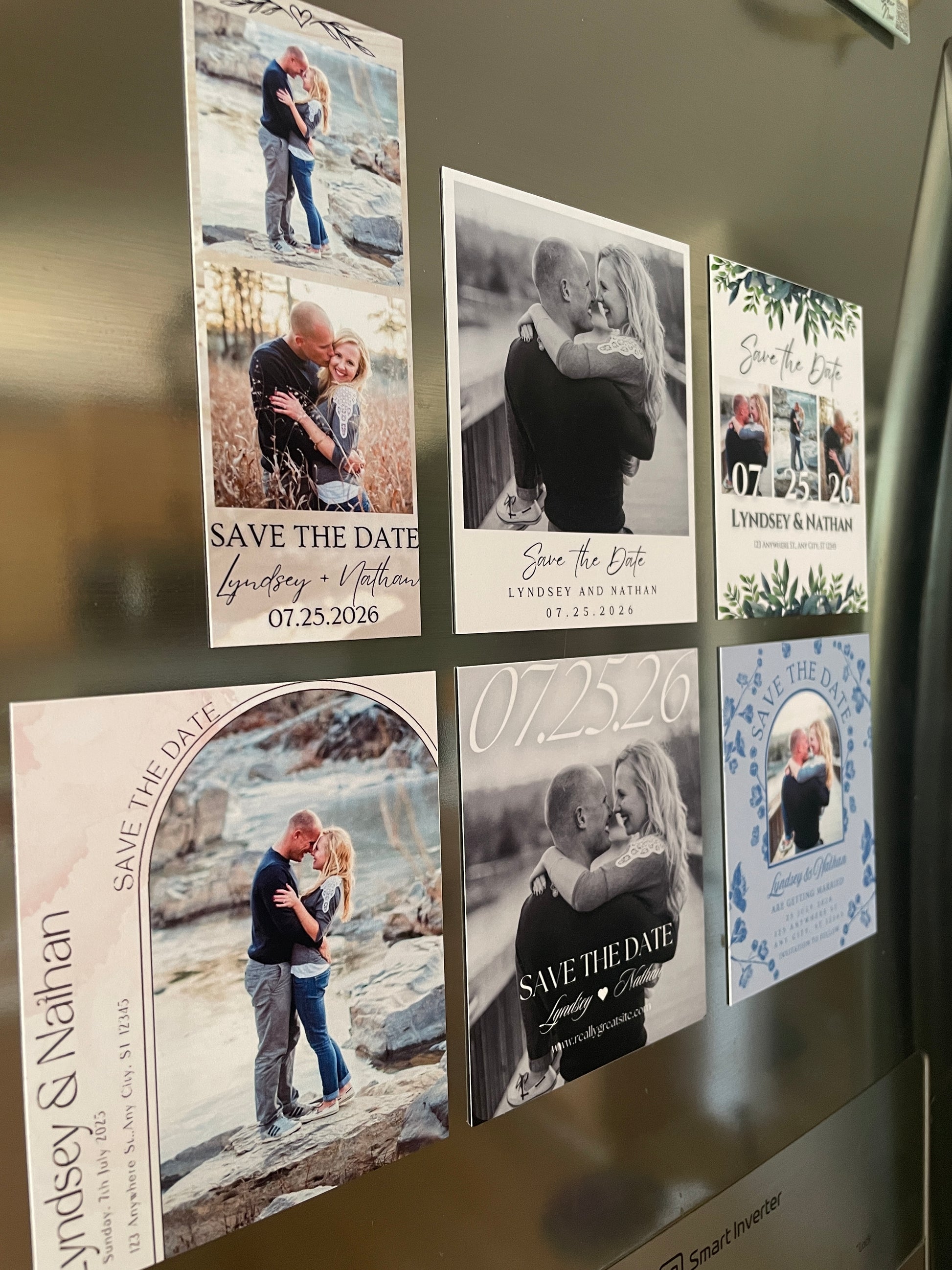 Collection of save the date magnets on a fridge.