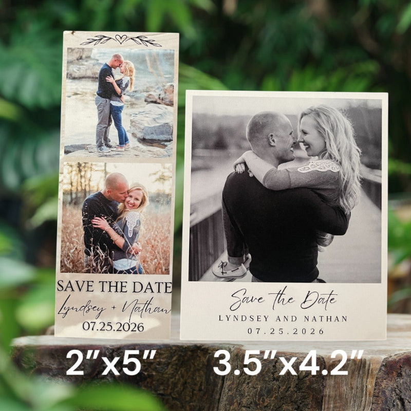 Two 'Save the Date' cards with photos of a couple and text details.